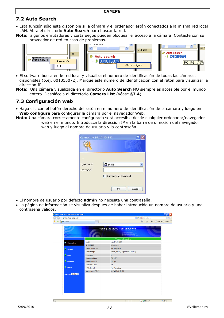 2 auto search, 3 configuración web | Velleman CAMIP6 User Manual | Page 73 / 115