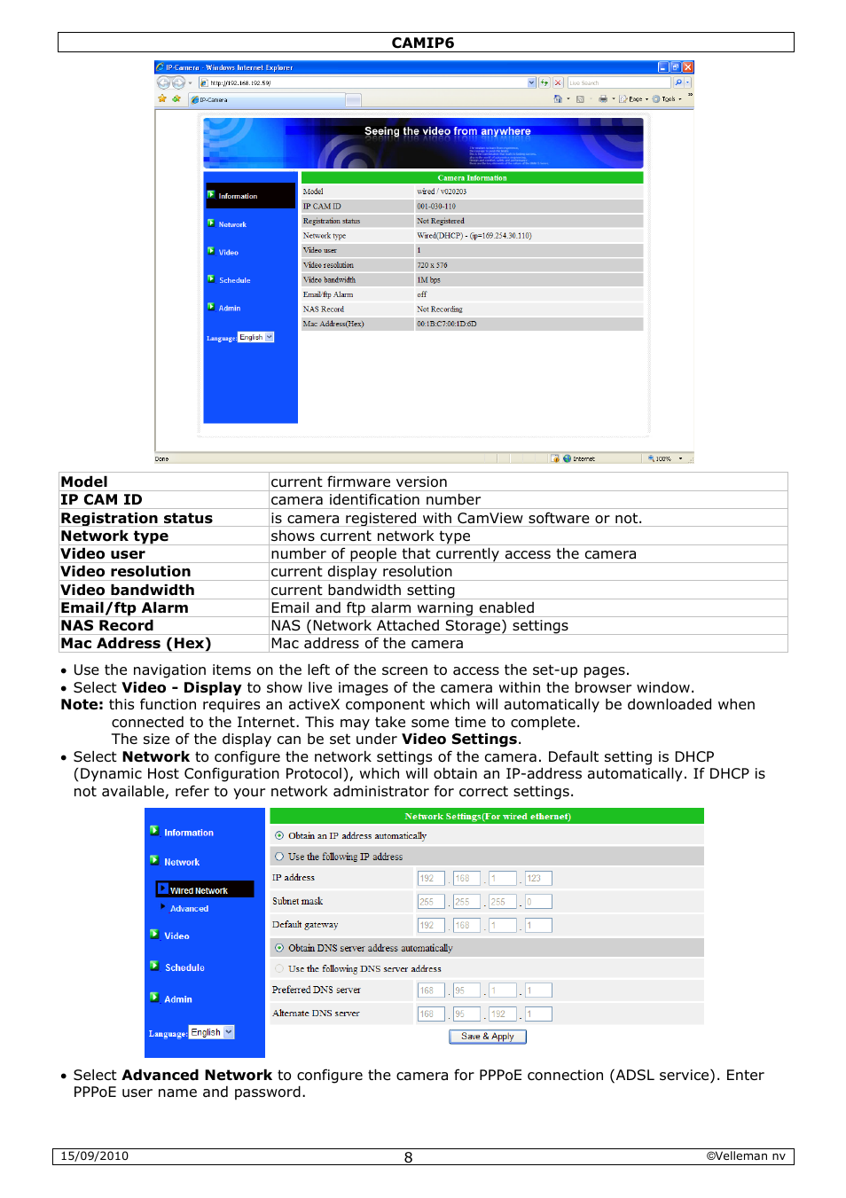 Velleman CAMIP6 User Manual | Page 8 / 115