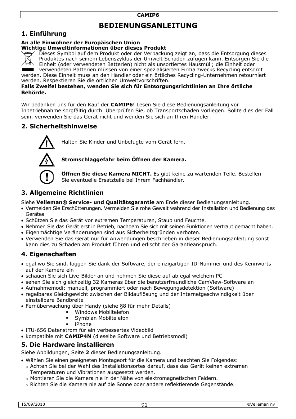 Edienu, Ungsan, Nleitun | Velleman CAMIP6 User Manual | Page 91 / 115