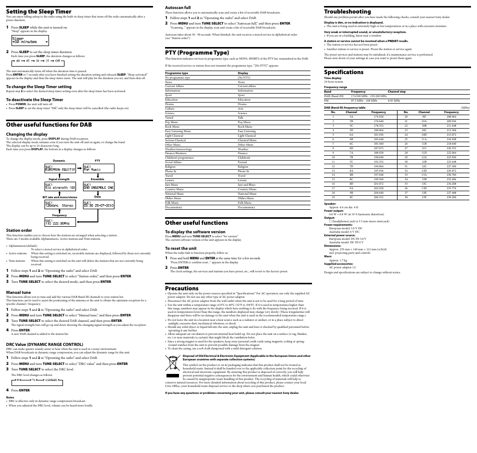 Pty (programme type), Other useful functions, Precautions | Setting the sleep timer, Other useful functions for dab, Troubleshooting, Specifications | Sony XDR-S16DBP User Manual | Page 2 / 2