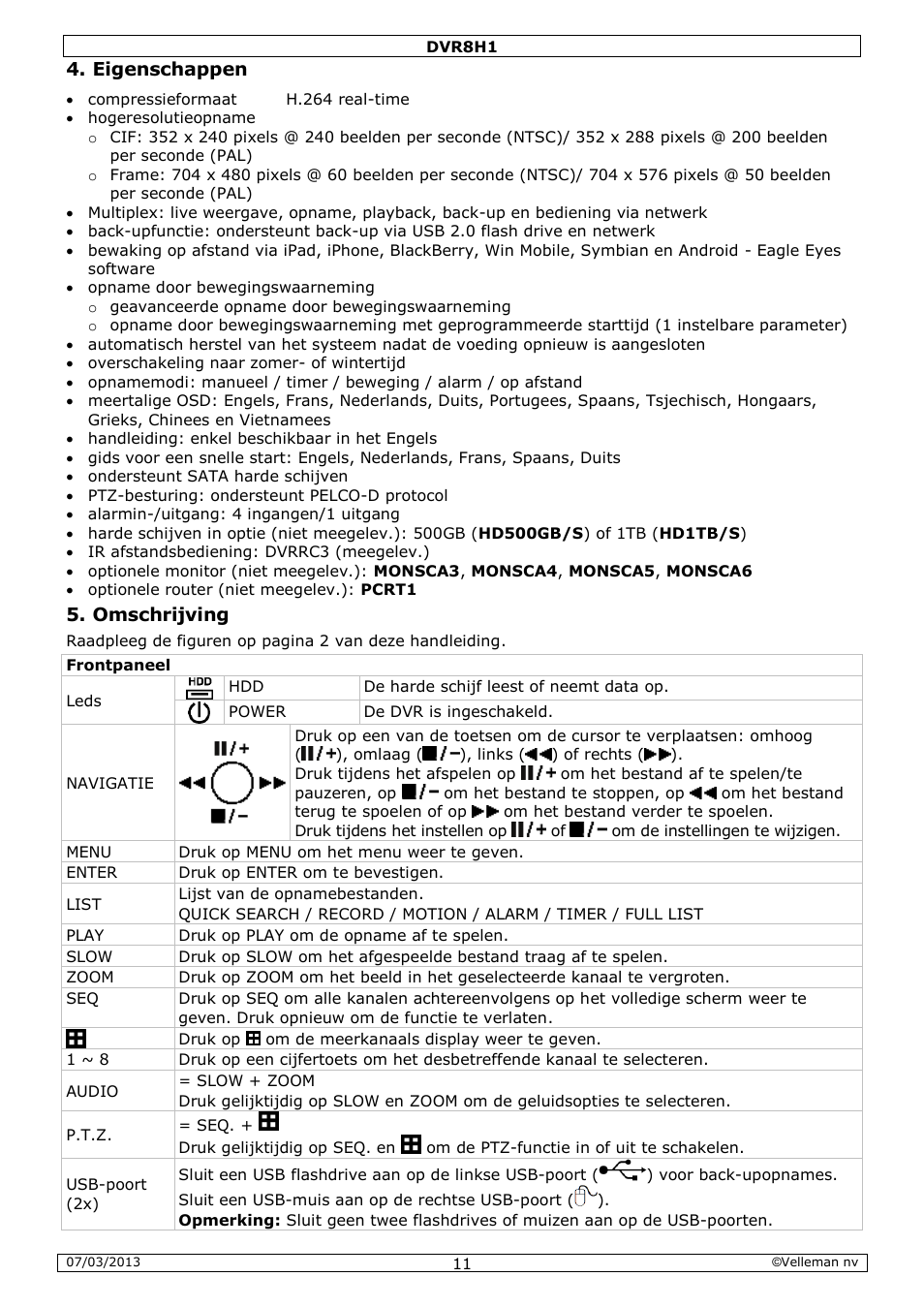 Eigenschappen, Omschrijving | Velleman DVR8H1 Quick Installation Guide User Manual | Page 11 / 41