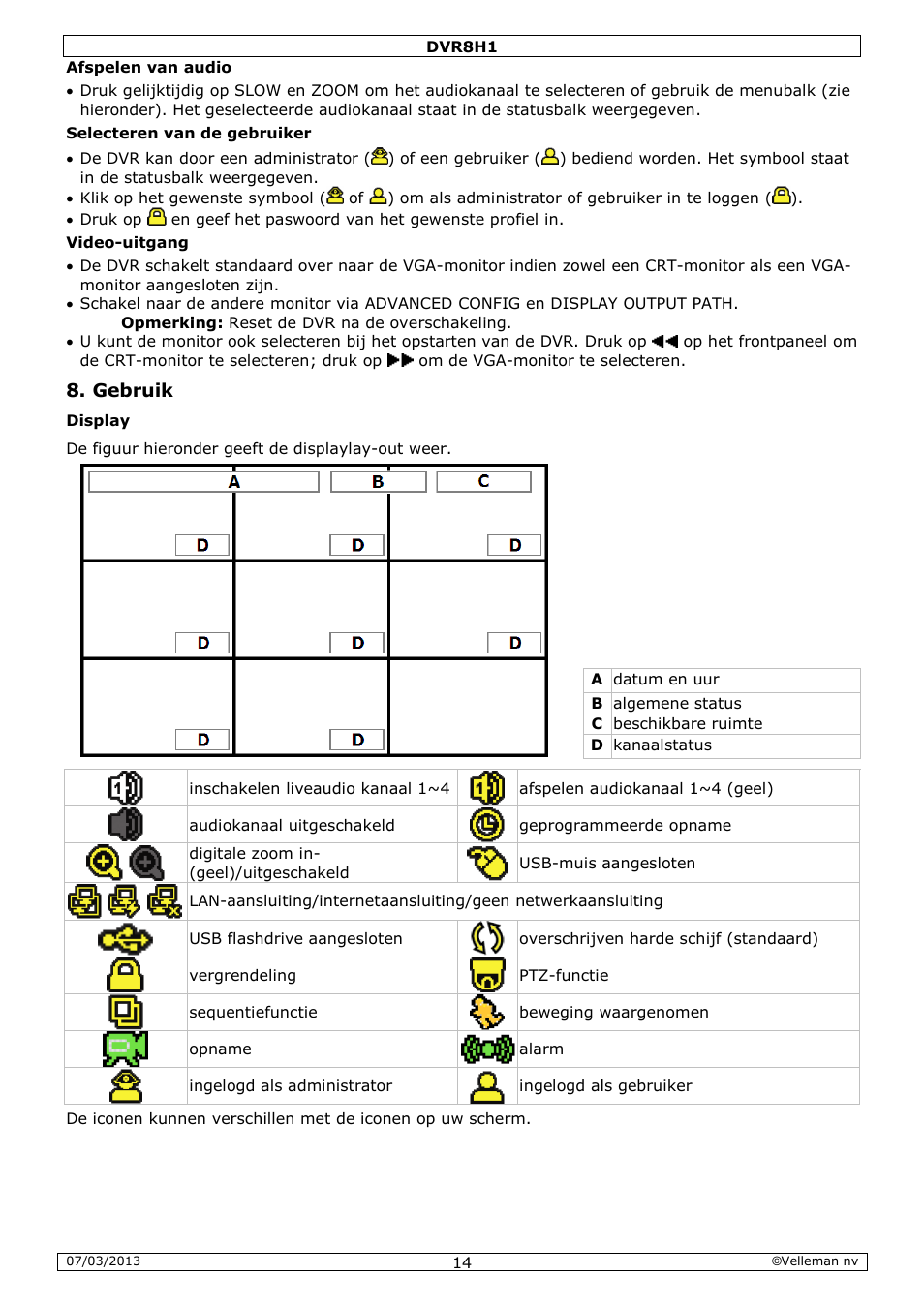 Gebruik | Velleman DVR8H1 Quick Installation Guide User Manual | Page 14 / 41