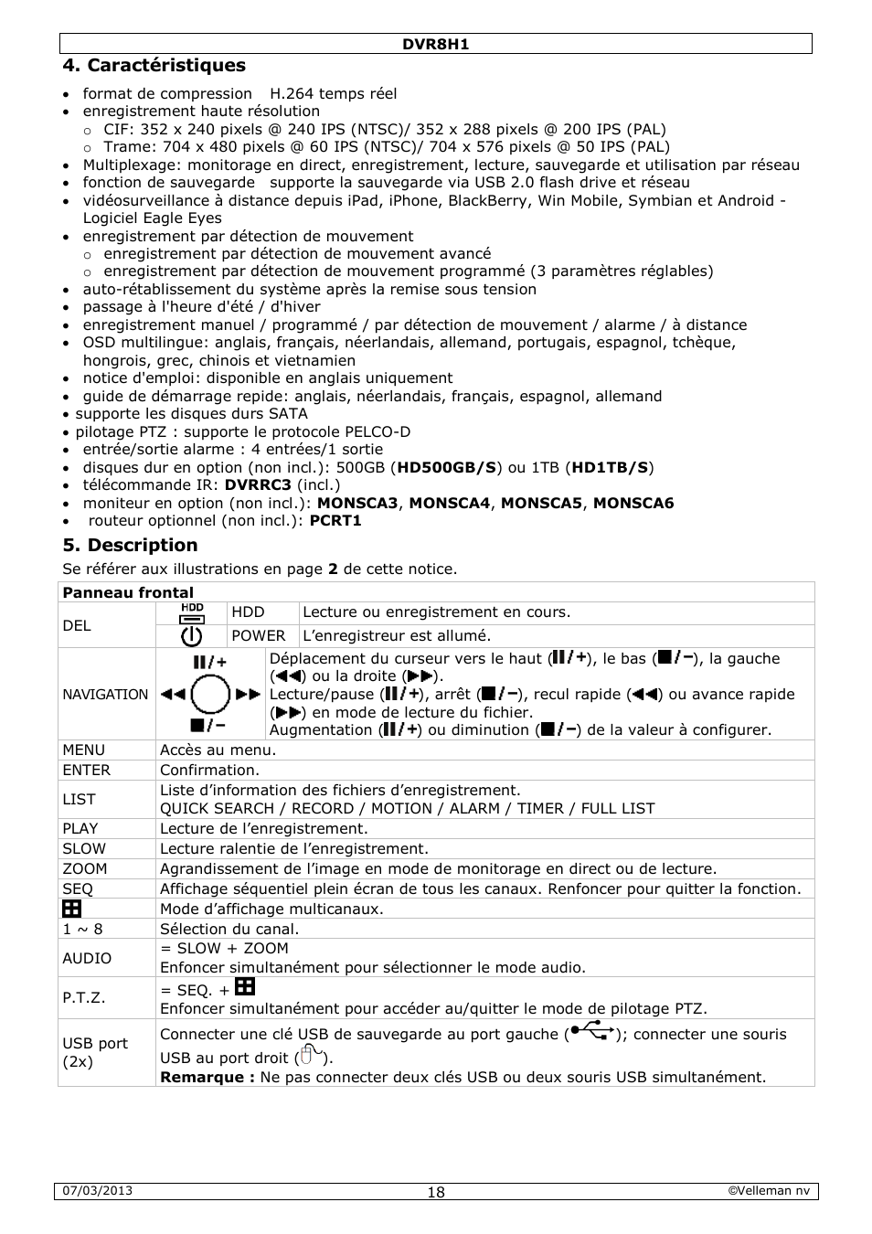 Caractéristiques, Description | Velleman DVR8H1 Quick Installation Guide User Manual | Page 18 / 41