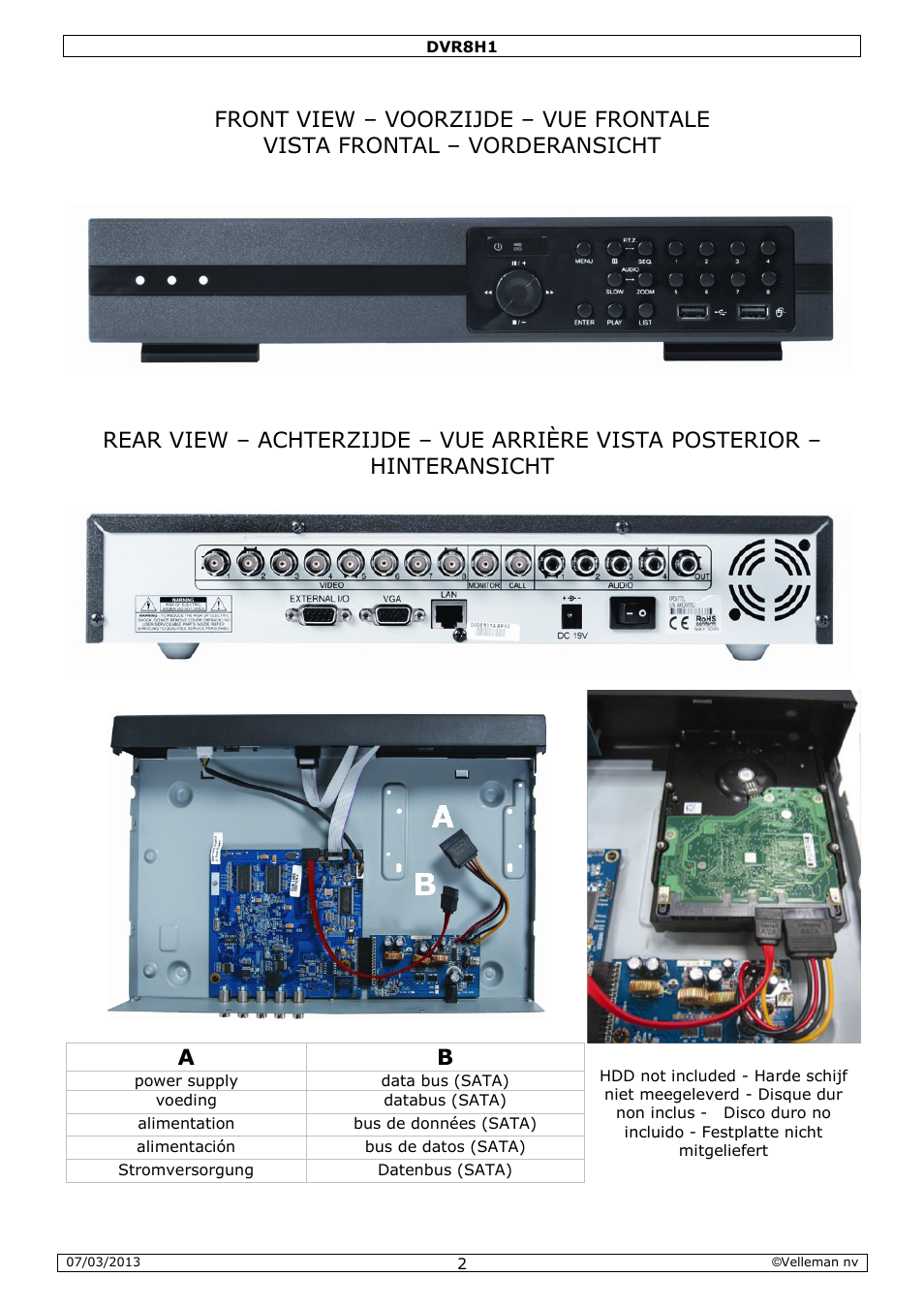 Velleman DVR8H1 Quick Installation Guide User Manual | Page 2 / 41