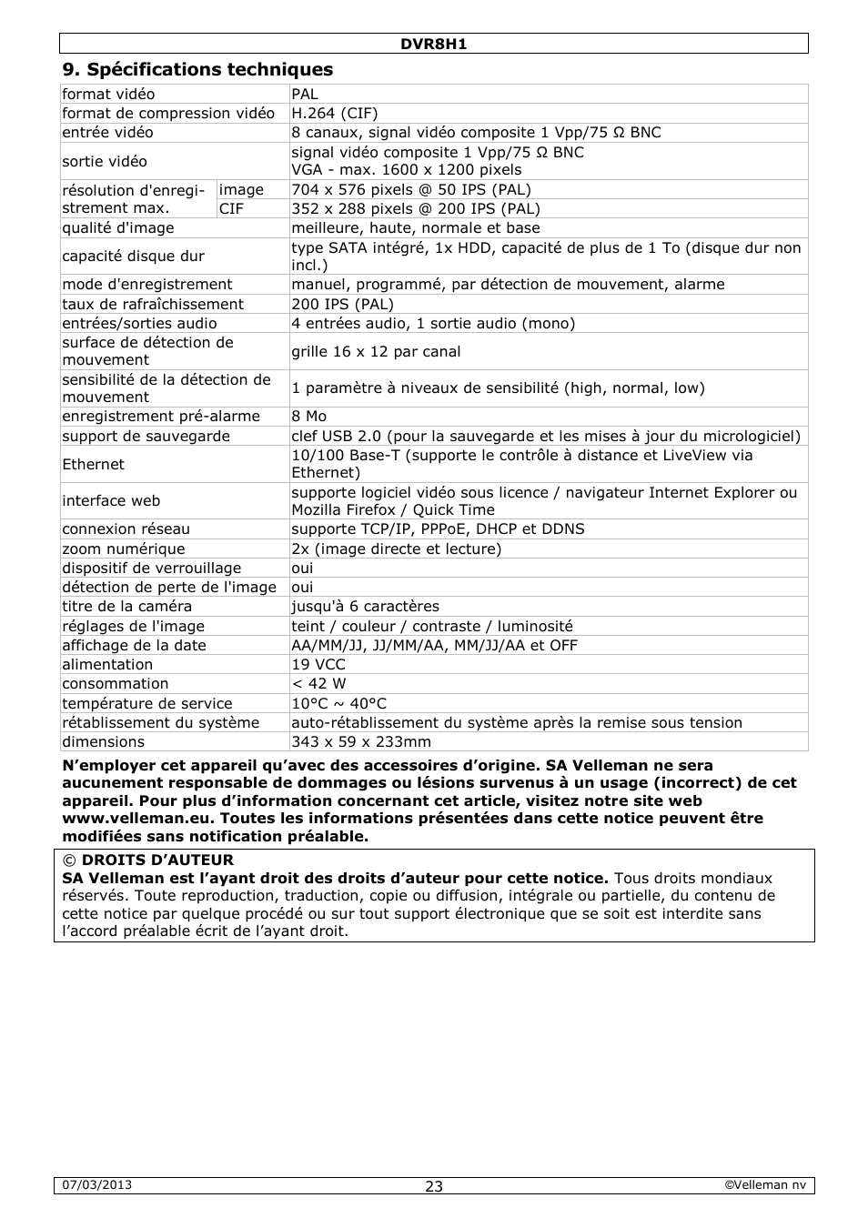 Spécifications techniques | Velleman DVR8H1 Quick Installation Guide User Manual | Page 23 / 41