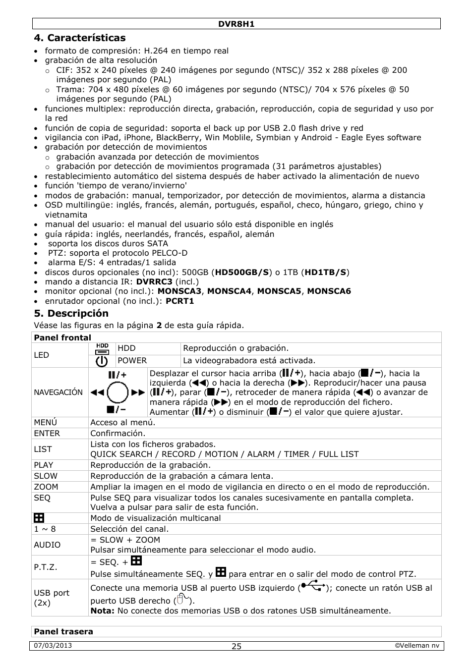 Características, Descripción | Velleman DVR8H1 Quick Installation Guide User Manual | Page 25 / 41