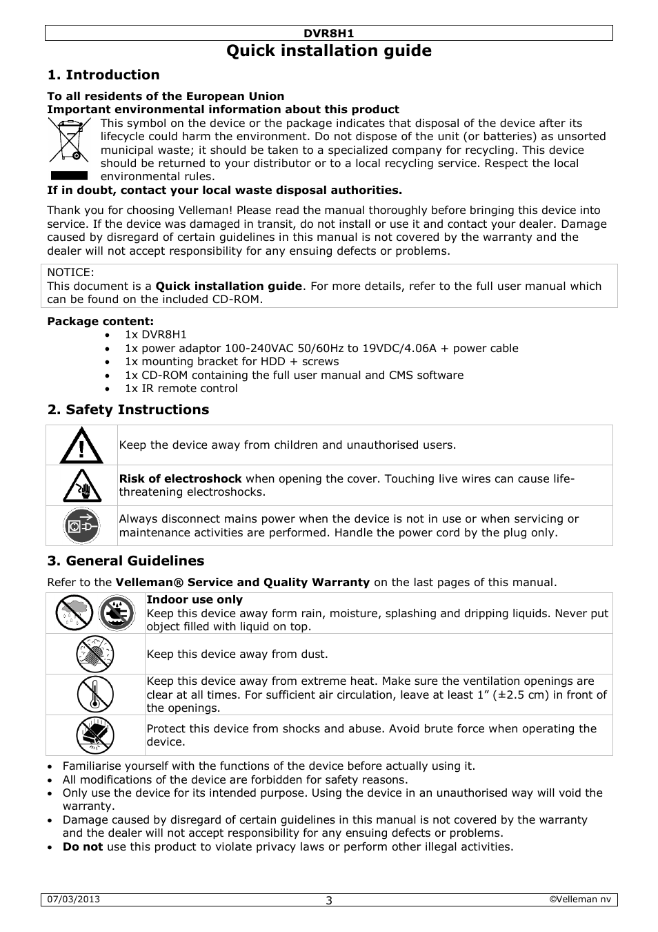Quick installation guide, Introduction, Safety instructions | General guidelines | Velleman DVR8H1 Quick Installation Guide User Manual | Page 3 / 41