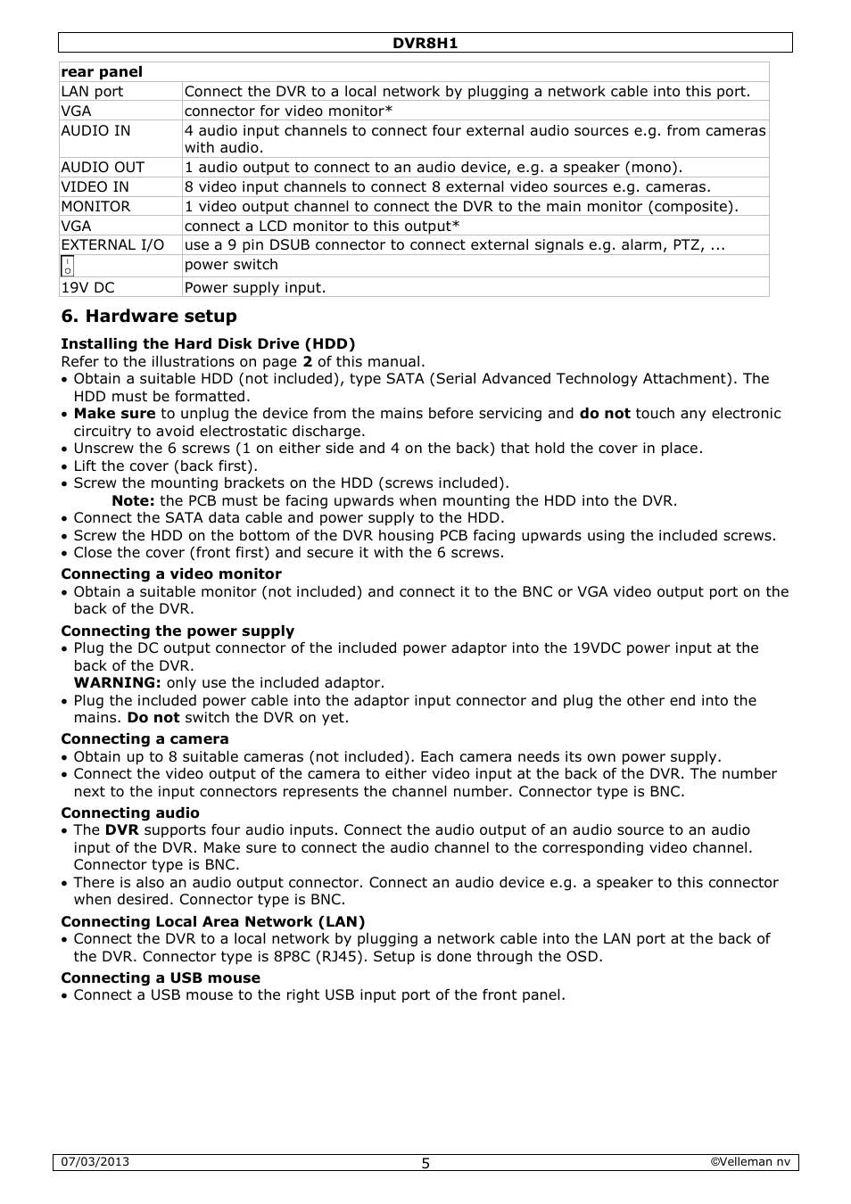 Hardware setup | Velleman DVR8H1 Quick Installation Guide User Manual | Page 5 / 41