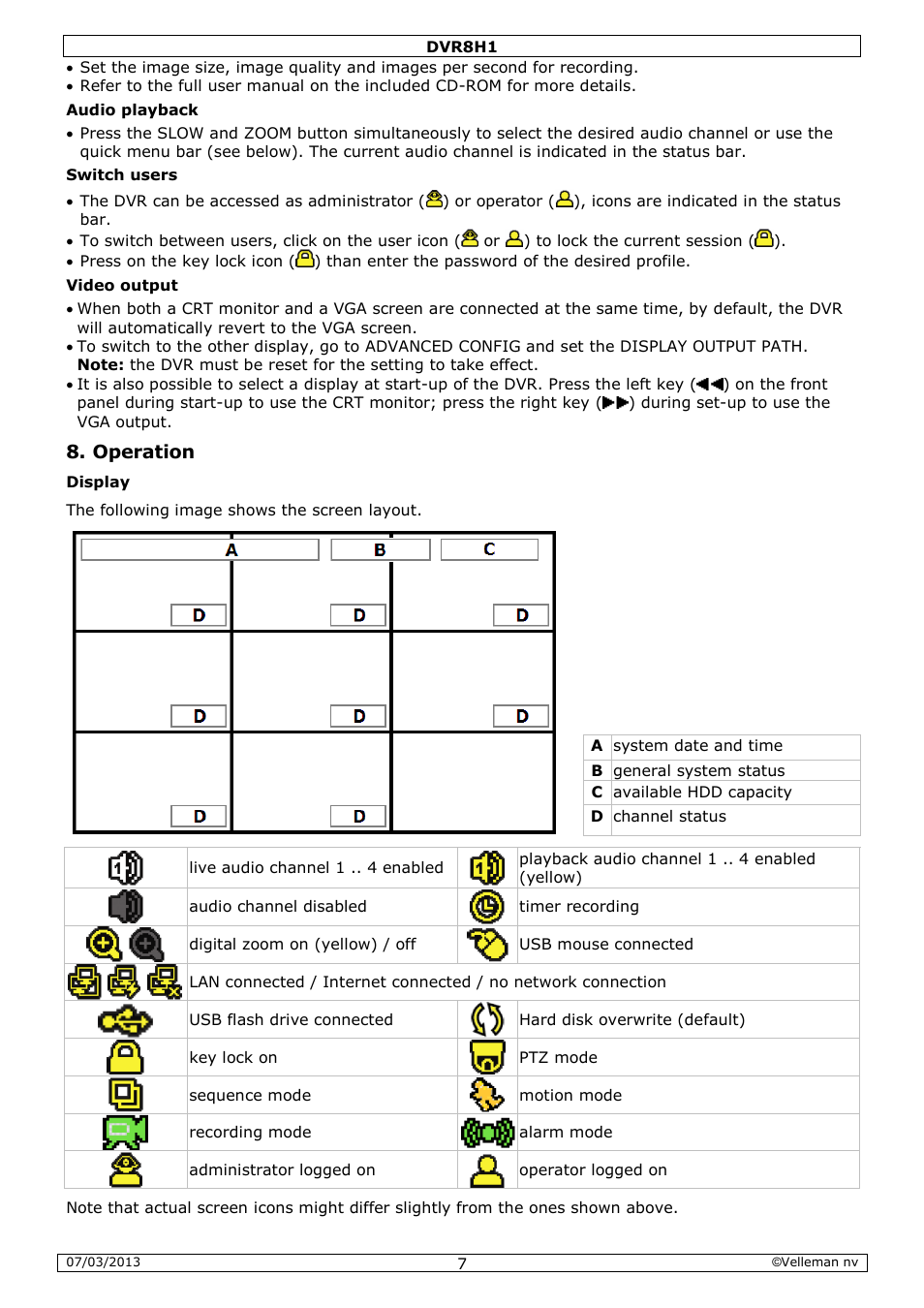 Operation | Velleman DVR8H1 Quick Installation Guide User Manual | Page 7 / 41