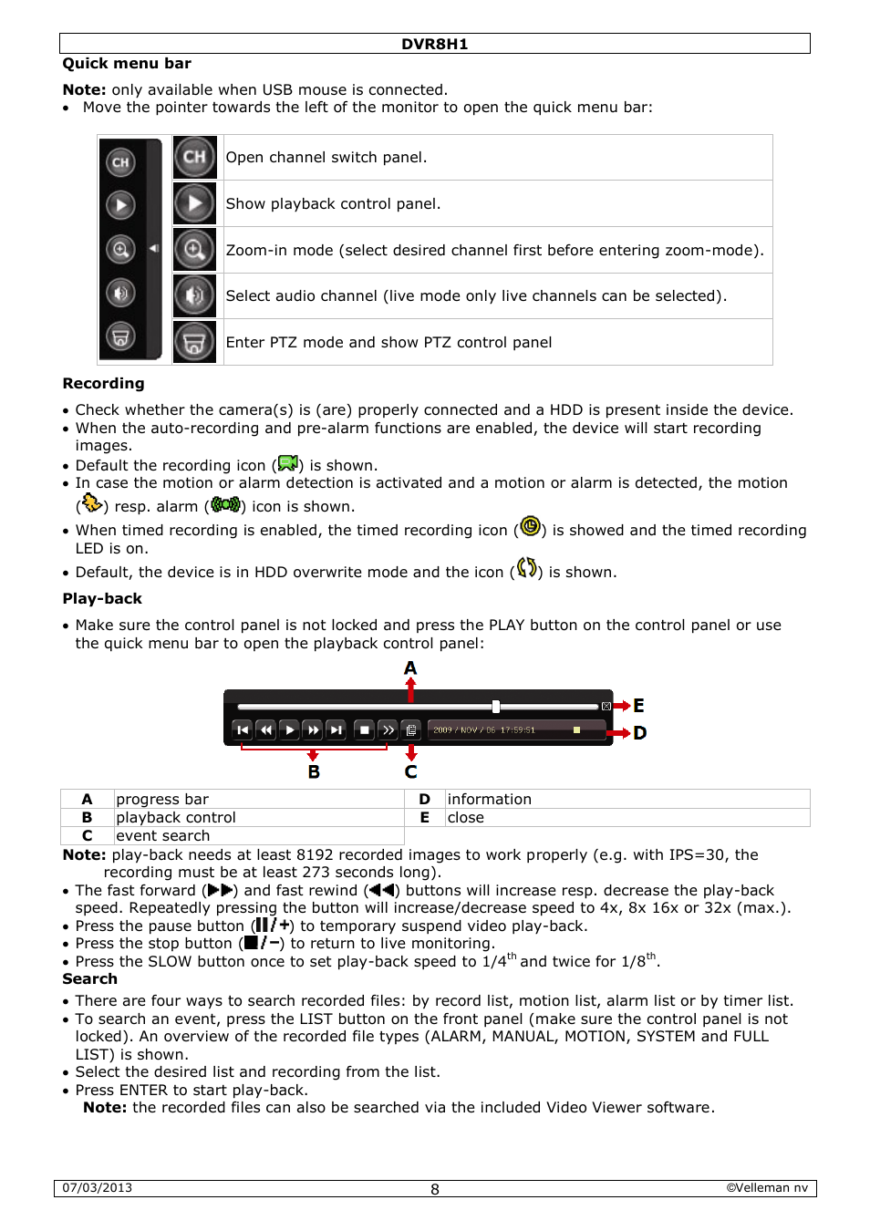 Velleman DVR8H1 Quick Installation Guide User Manual | Page 8 / 41