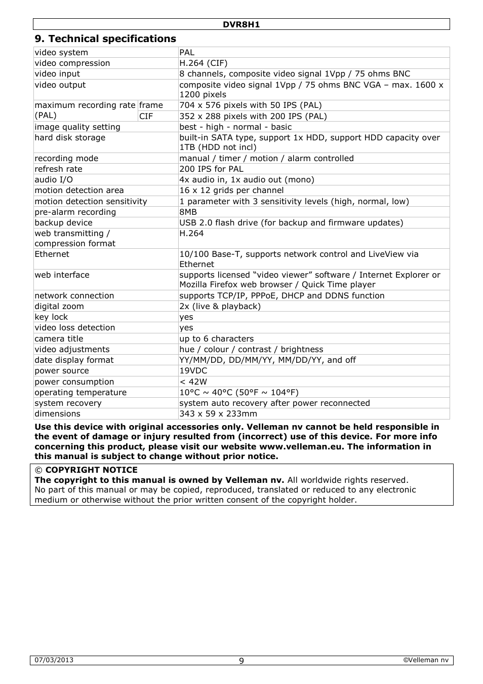 Technical specifications | Velleman DVR8H1 Quick Installation Guide User Manual | Page 9 / 41