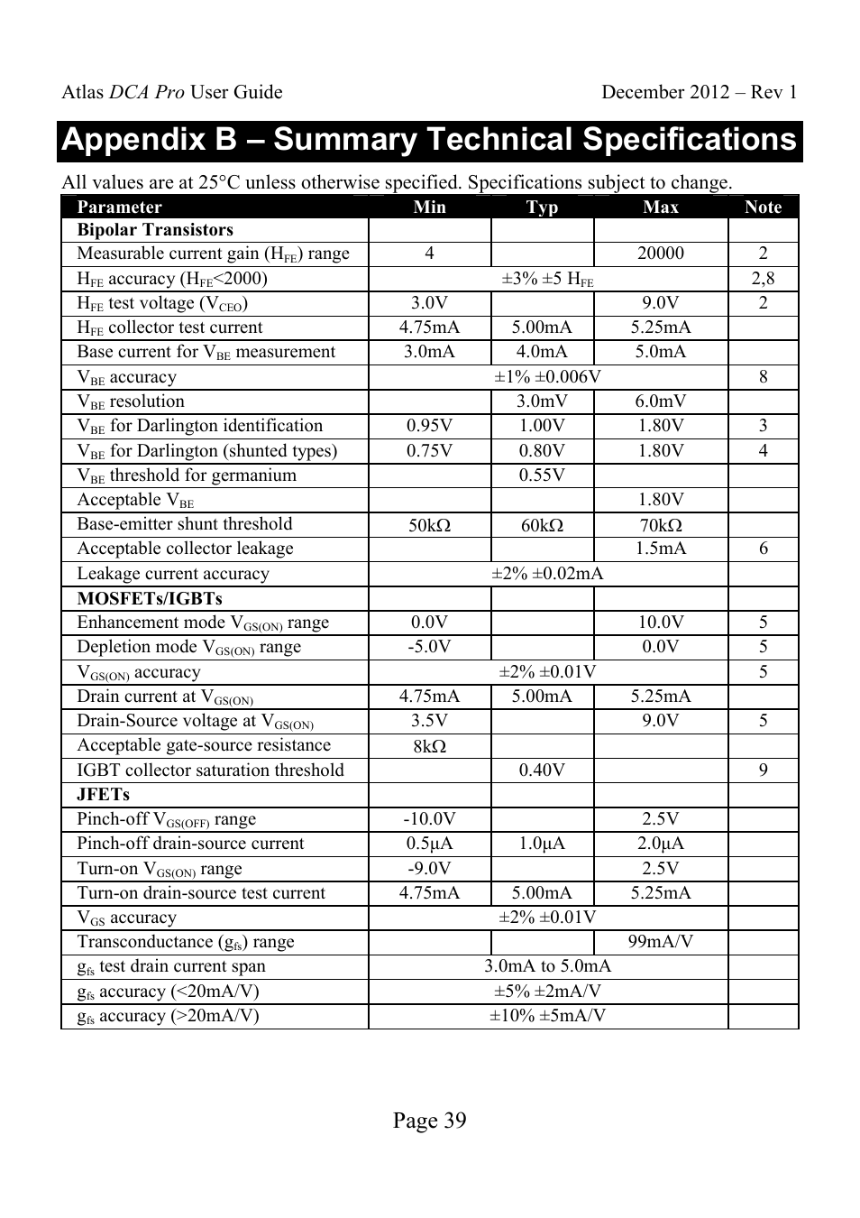 Appendix b – summary technical specifications, Page 39 | Velleman DCA75 User Manual | Page 39 / 46
