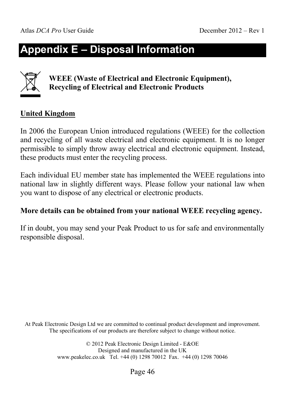Appendix e – disposal information | Velleman DCA75 User Manual | Page 46 / 46