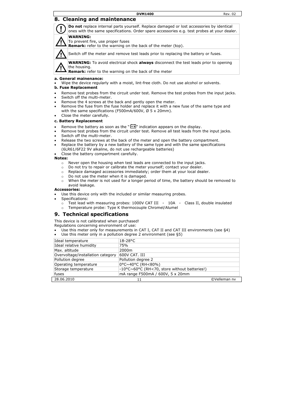 Eaning and, Chnical sp, D mainten | Pecification, Nance | Velleman DVM1400 User Manual | Page 11 / 77