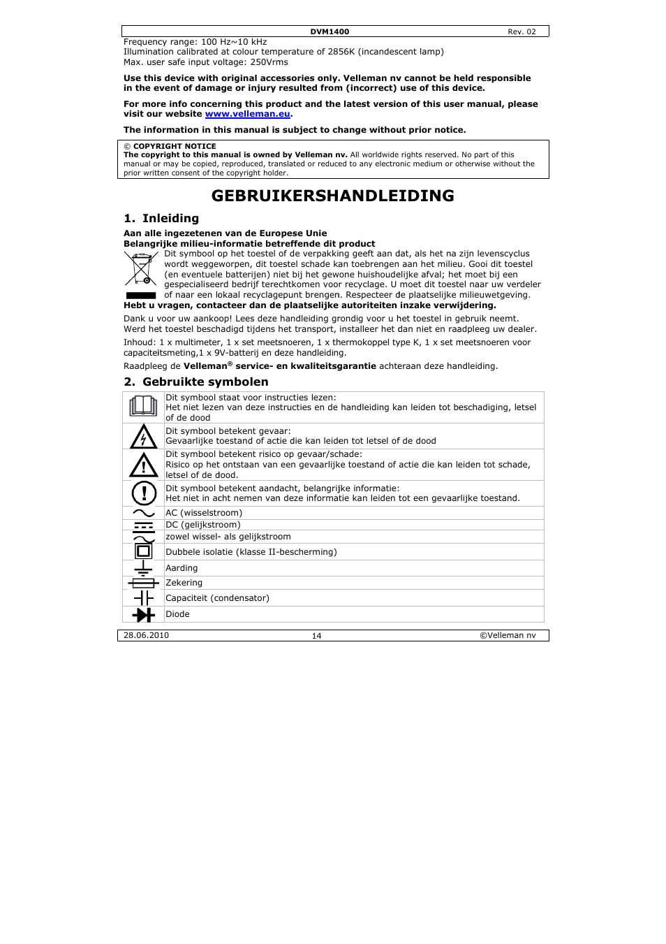 Gebrui, Ikersh, Andle | Iding, Leiding, Ebruikte sy, Ymbolen | Velleman DVM1400 User Manual | Page 14 / 77