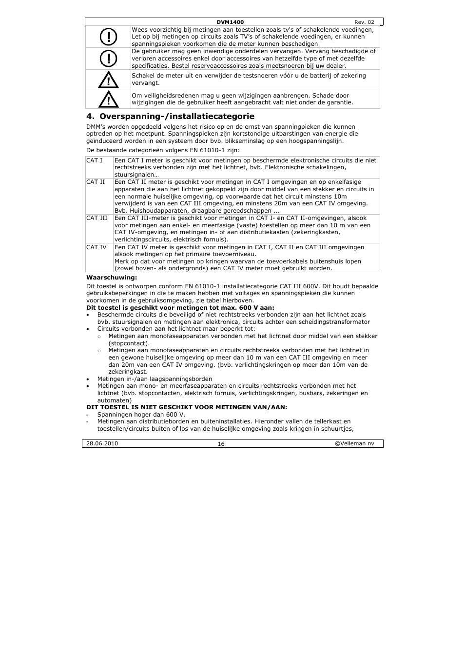 Verspannin, Ng-/instal, Latiecateg | Gorie | Velleman DVM1400 User Manual | Page 16 / 77