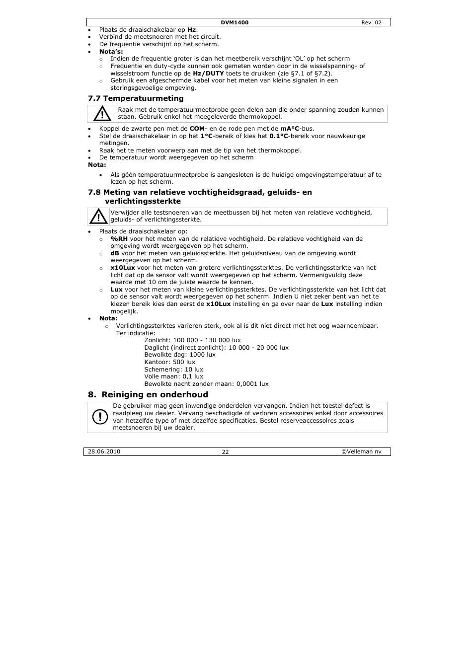 Einiging en, N onderhou | Velleman DVM1400 User Manual | Page 22 / 77