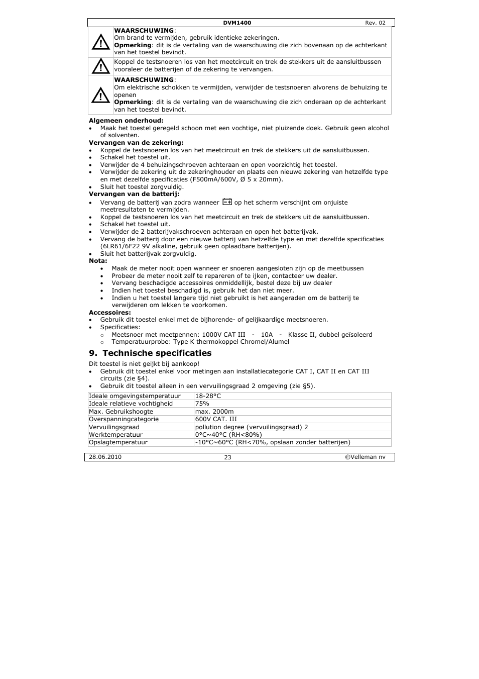 Chnische s, Specificati | Velleman DVM1400 User Manual | Page 23 / 77