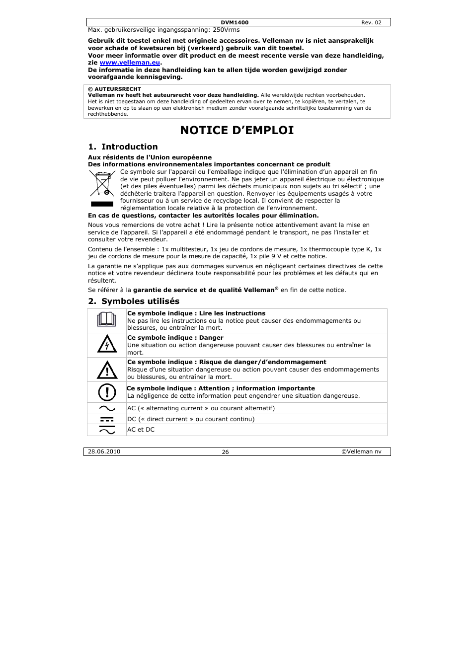 Tice d, Emplo, Troduction | Mboles ut, Tilisés | Velleman DVM1400 User Manual | Page 26 / 77