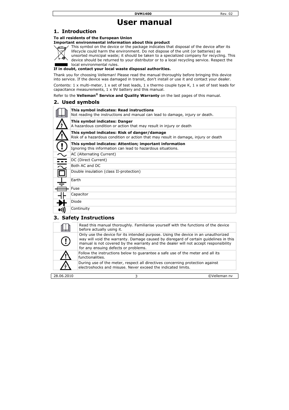User m, Manual, Troduction | Ed symbo, Fety instr, Uctions | Velleman DVM1400 User Manual | Page 3 / 77