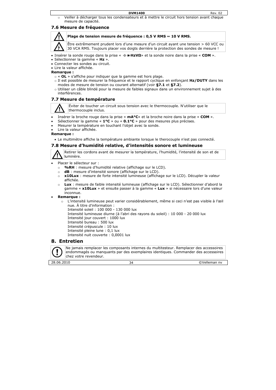 Tretien | Velleman DVM1400 User Manual | Page 34 / 77