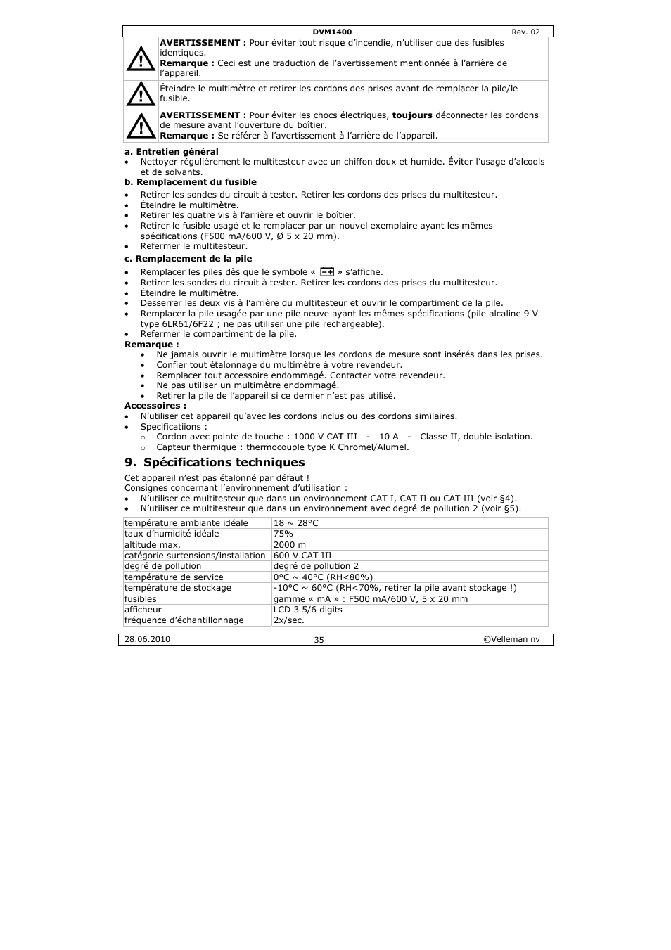 Écification, Ns techniq, Ques | Velleman DVM1400 User Manual | Page 35 / 77