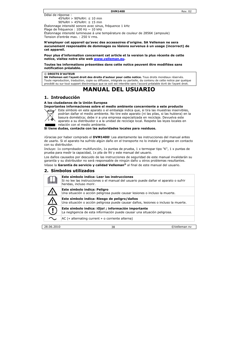 Manu, Ual del, L usua | Ario, Troducción, Mbolos uti, Ilizados | Velleman DVM1400 User Manual | Page 38 / 77