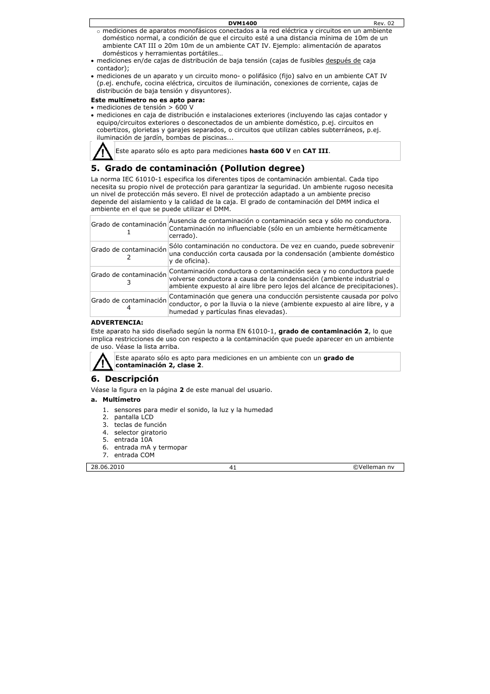 Ado de con, Escripción, Ntaminaci | Ón (pollut, Tion degre | Velleman DVM1400 User Manual | Page 41 / 77