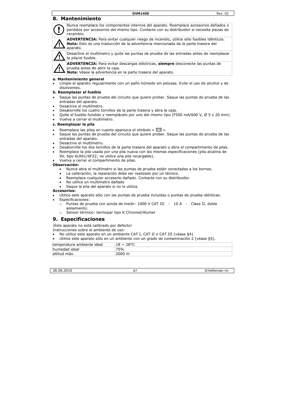 Antenimien, Pecificacio, Ones | Velleman DVM1400 User Manual | Page 47 / 77