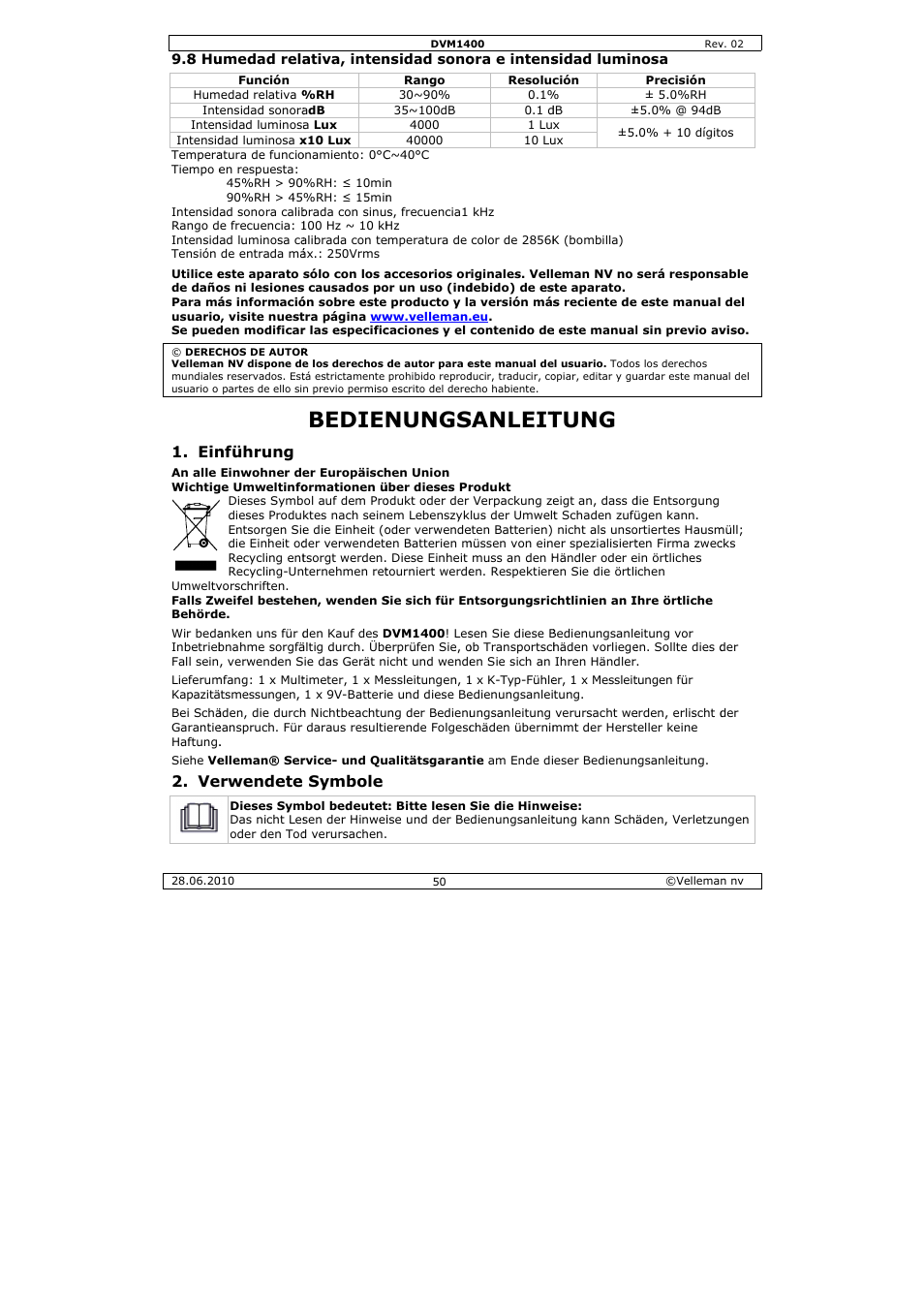 Bedien, Nungs, Sanleit | Tung, Nführung, Rwendete, Symbole | Velleman DVM1400 User Manual | Page 50 / 77