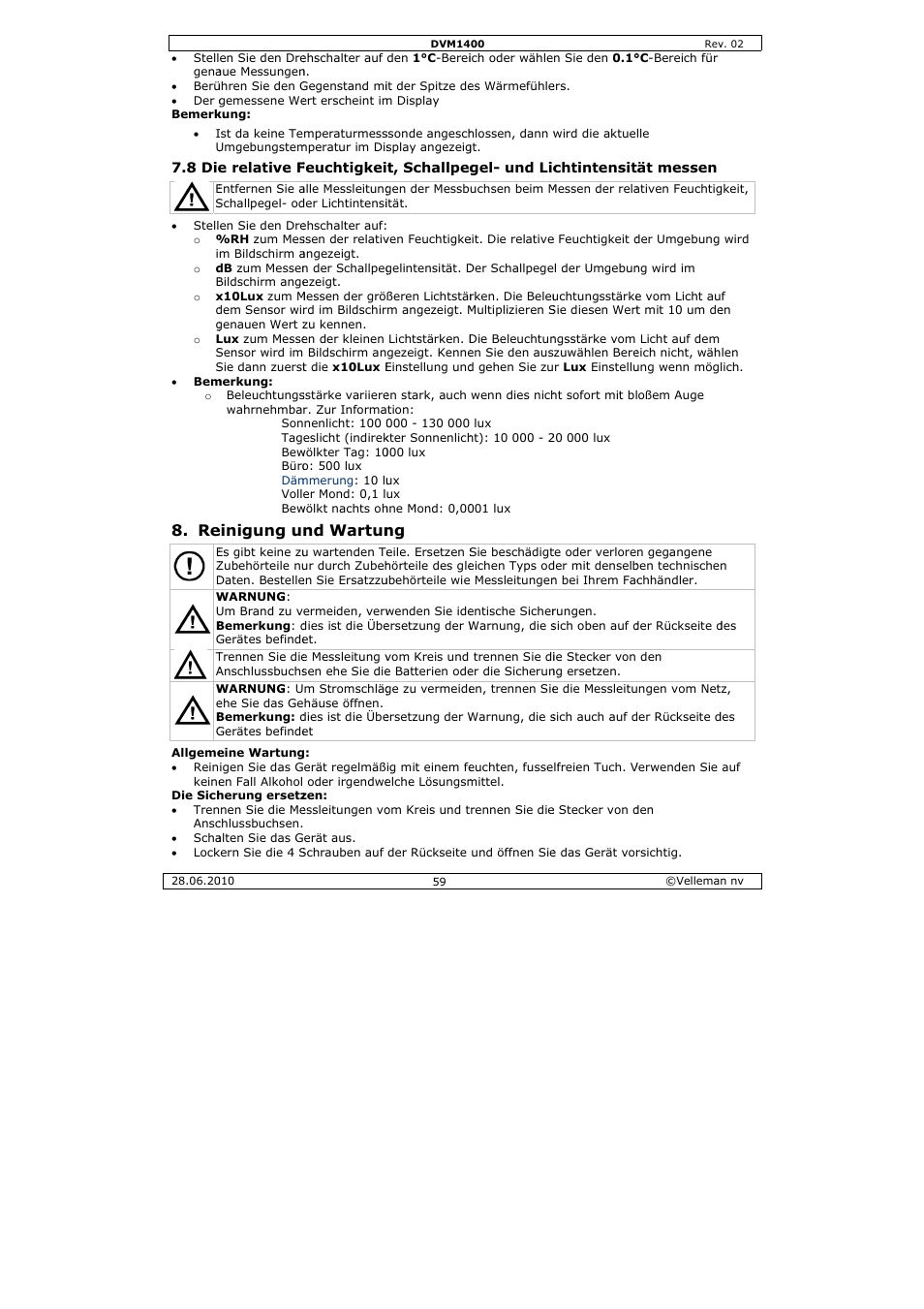 Einigung u, Nd wartun | Velleman DVM1400 User Manual | Page 59 / 77
