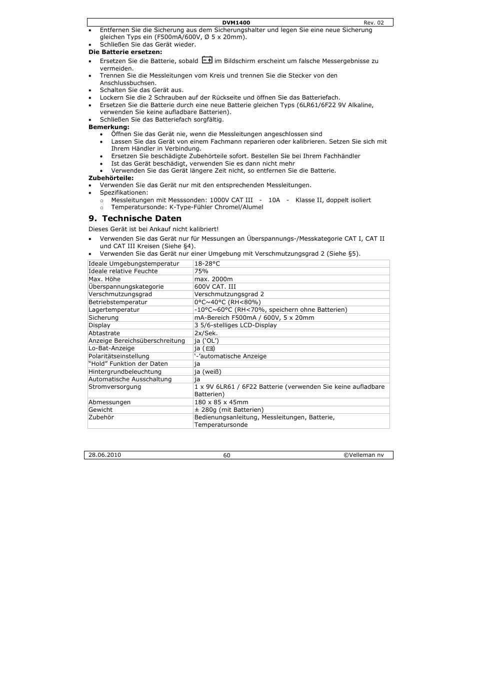 Chnische d, Daten | Velleman DVM1400 User Manual | Page 60 / 77