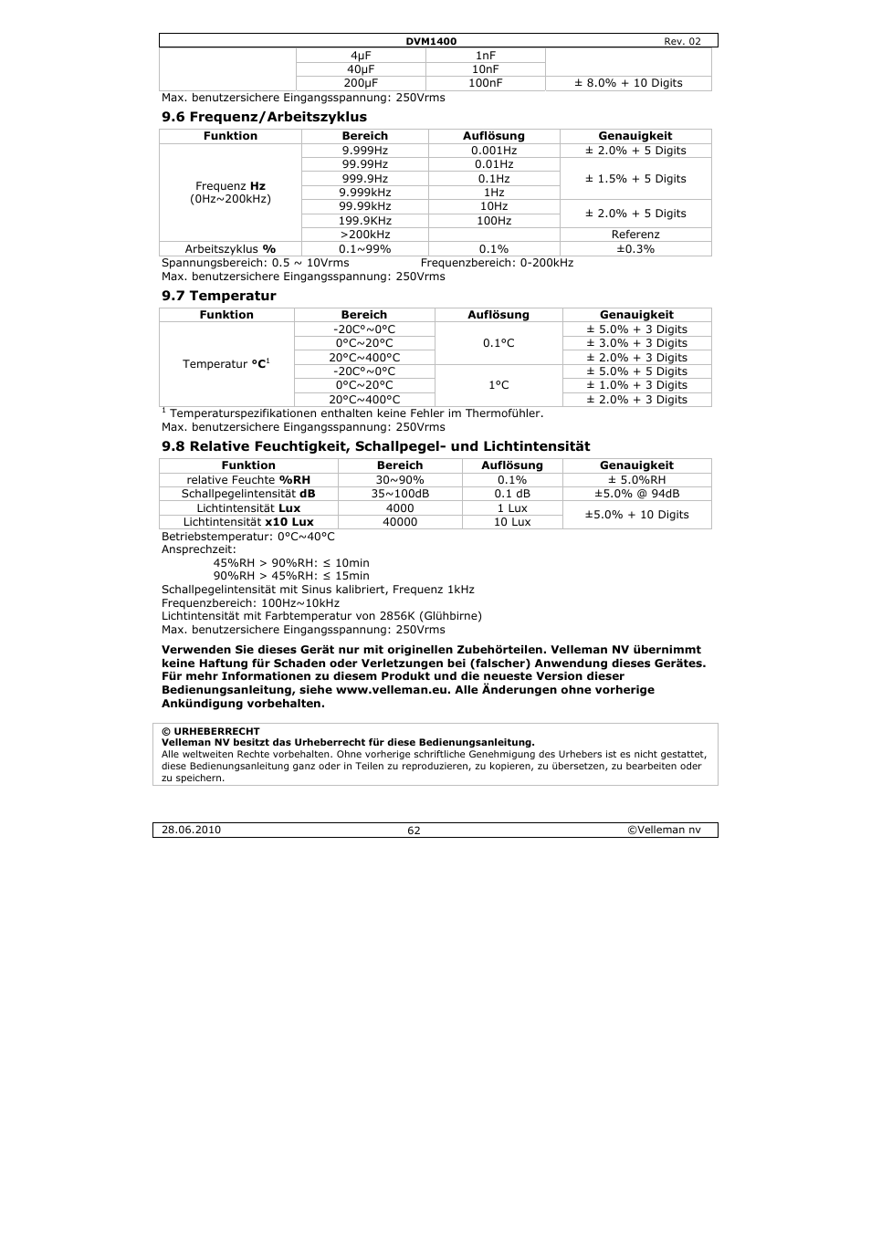 Velleman DVM1400 User Manual | Page 62 / 77