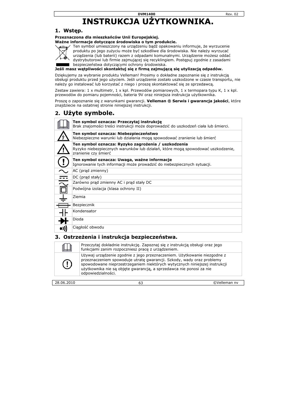 Strukc, Cja uż, Żytko | Ownik, Żyte sym, Mbole | Velleman DVM1400 User Manual | Page 63 / 77