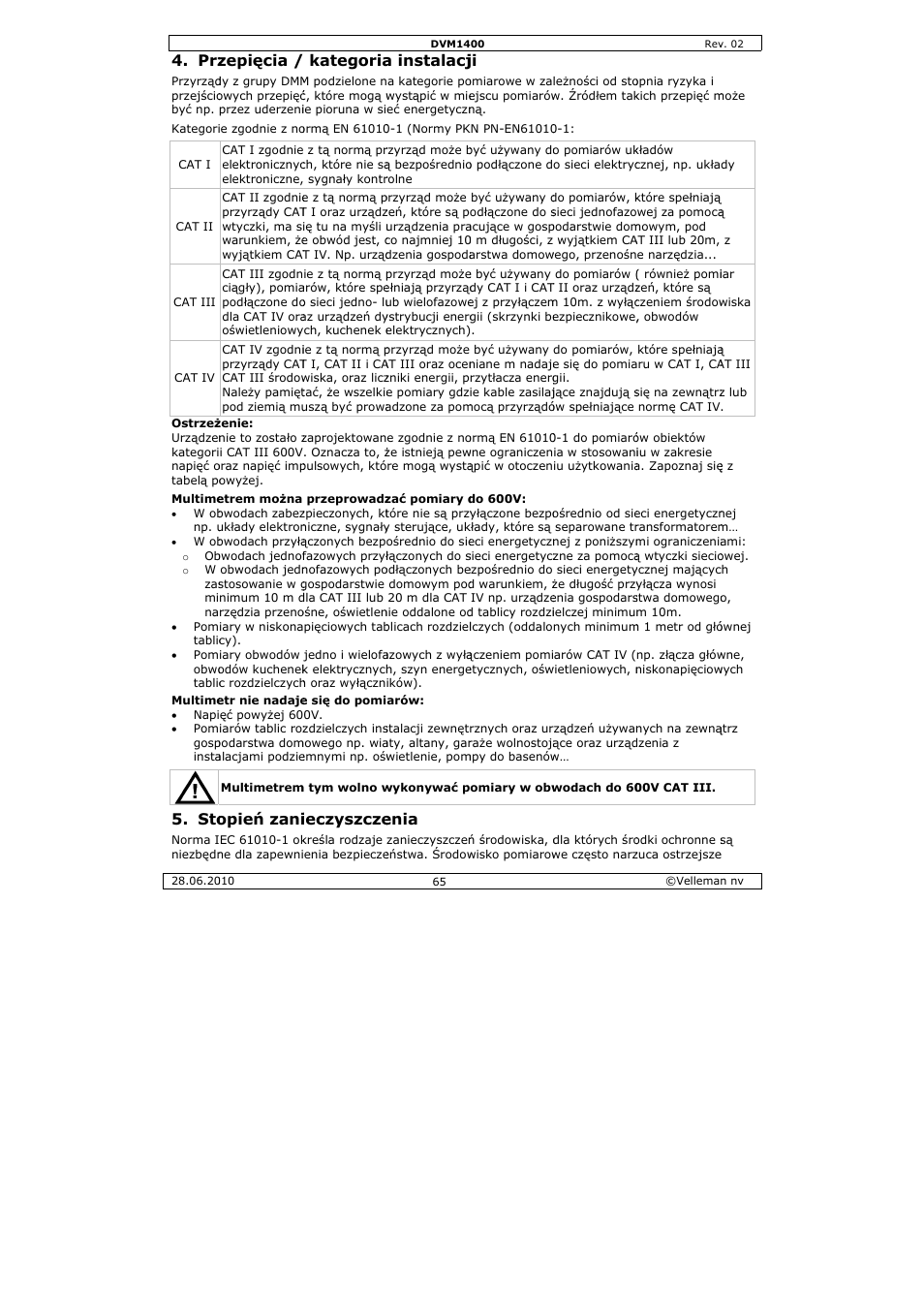 Zepięcia, Opień zani, Kategoria | Ieczyszcze, A instalacj, Enia | Velleman DVM1400 User Manual | Page 65 / 77