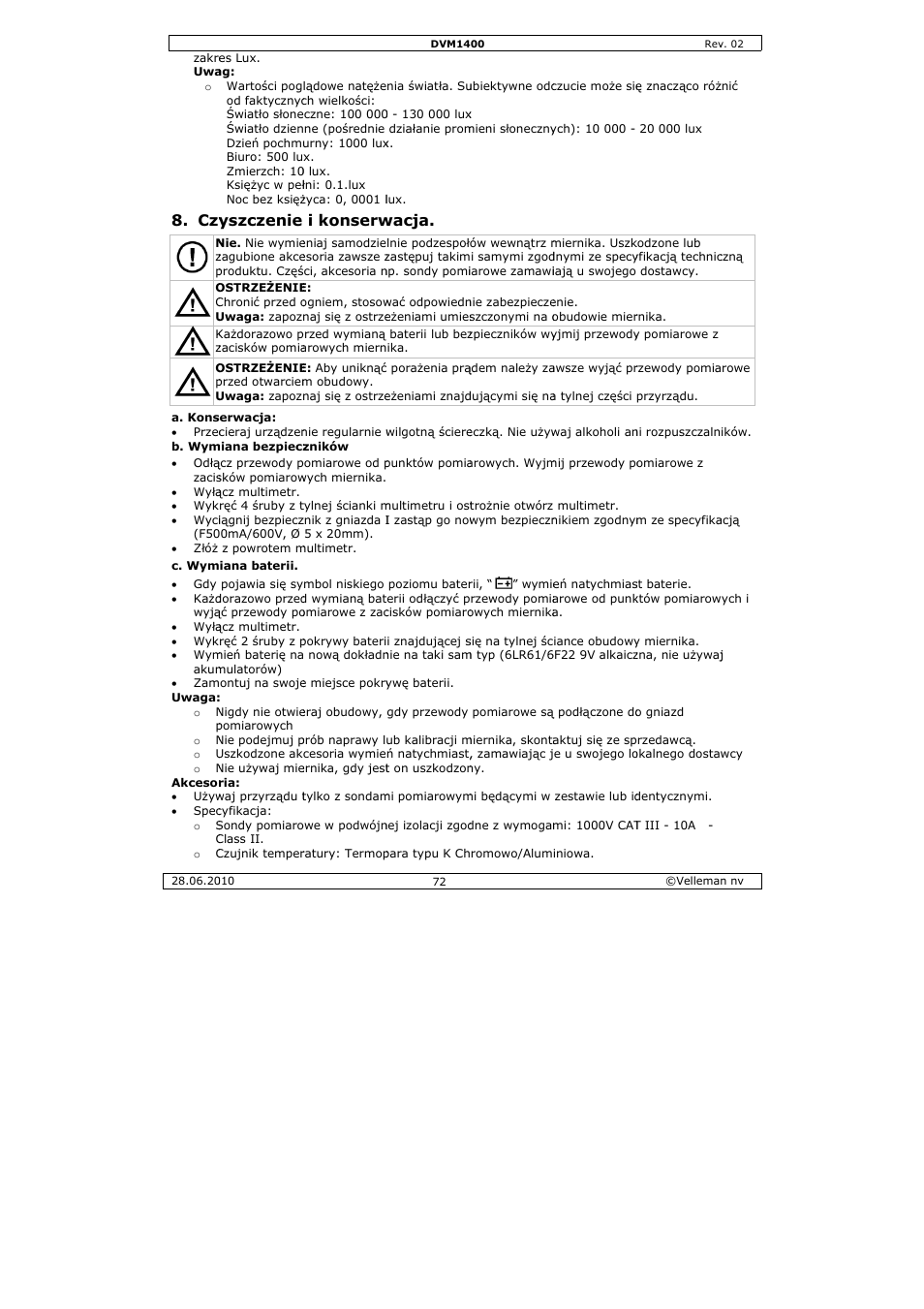 Yszczenie, I konserw, Wacja | Velleman DVM1400 User Manual | Page 72 / 77