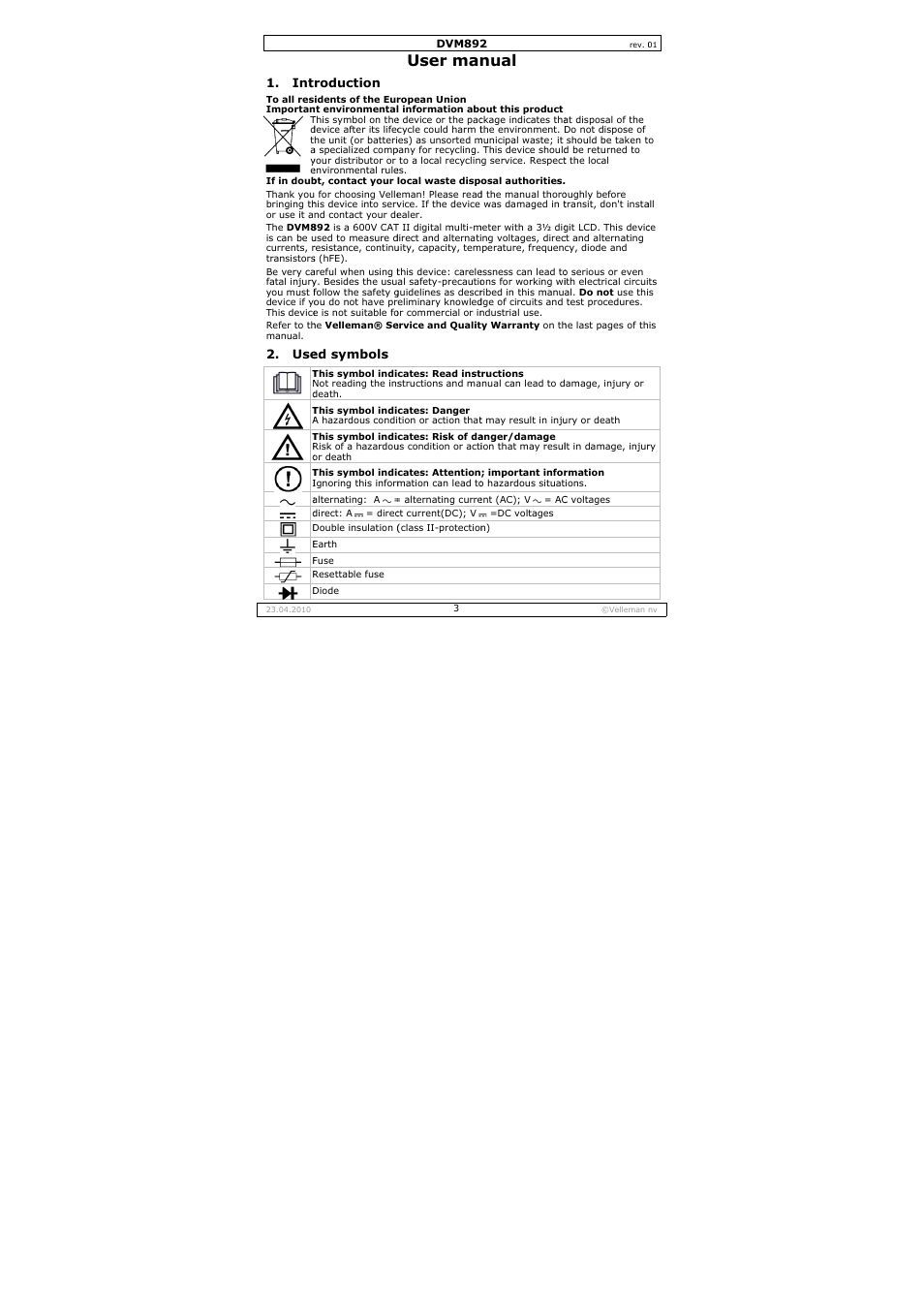 User man, Nual | Velleman DVM892 User Manual | Page 3 / 68