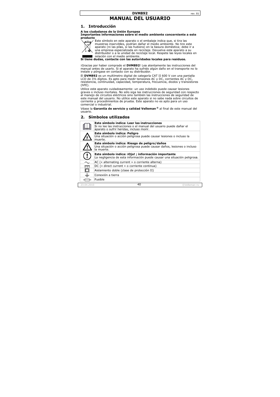 Nual del, Usuario | Velleman DVM892 User Manual | Page 40 / 68
