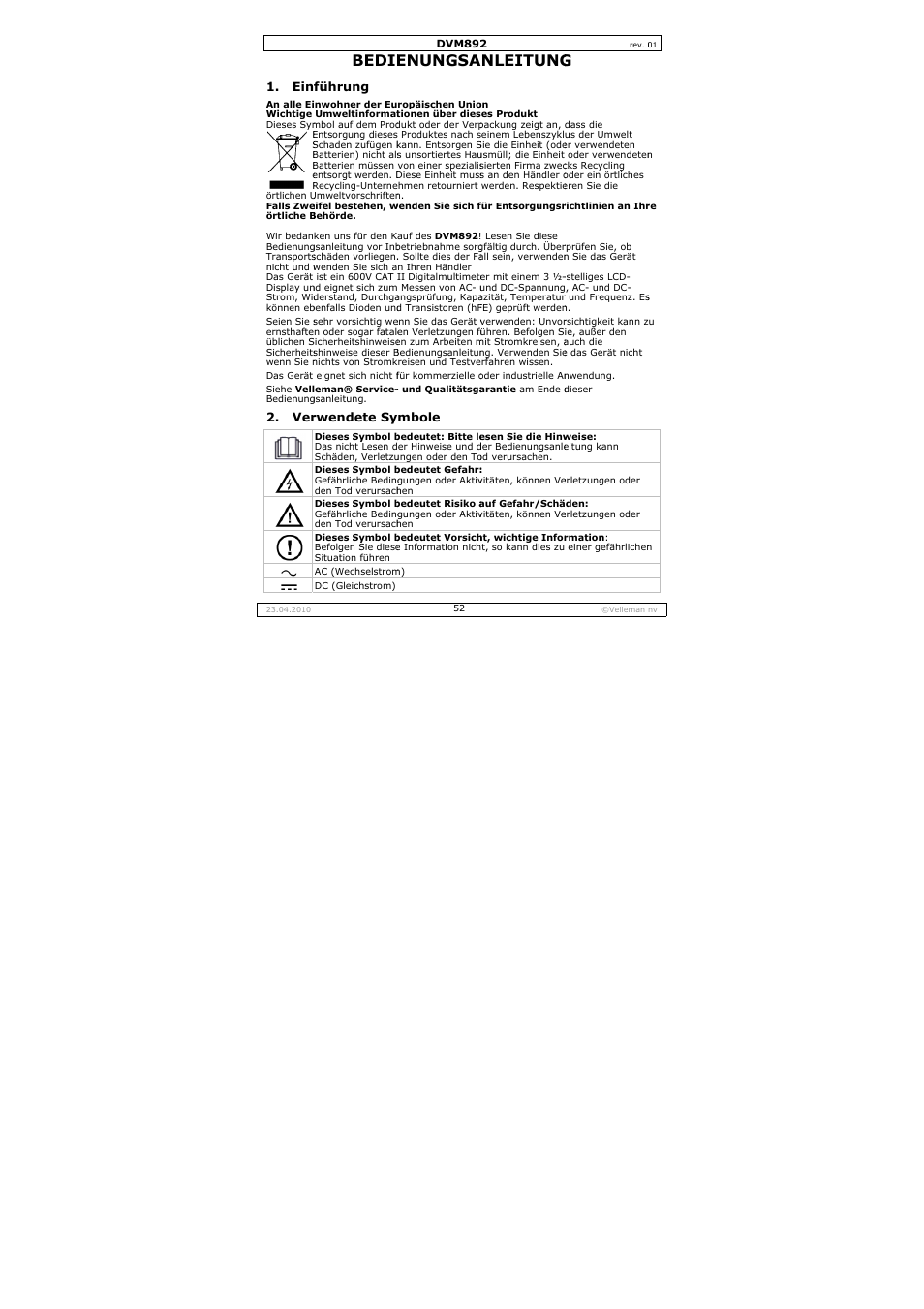 Bedie, Enungsa, Nleitung | Velleman DVM892 User Manual | Page 52 / 68