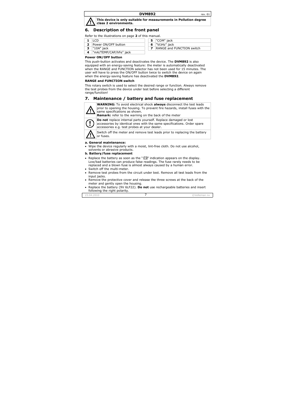 Velleman DVM892 User Manual | Page 7 / 68