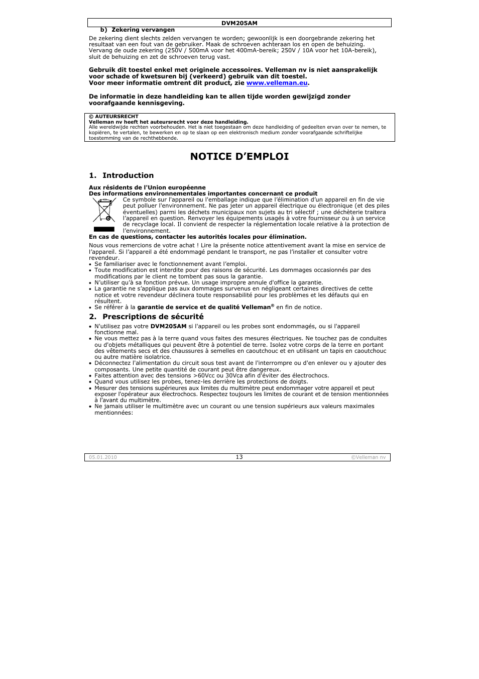 Otice d, Emploi | Velleman DVM205AM User Manual | Page 13 / 36