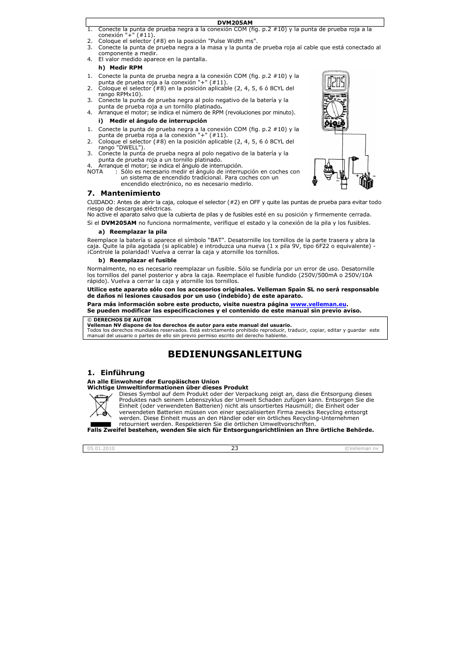 Bedie, Enungs, Anleitu | Velleman DVM205AM User Manual | Page 23 / 36