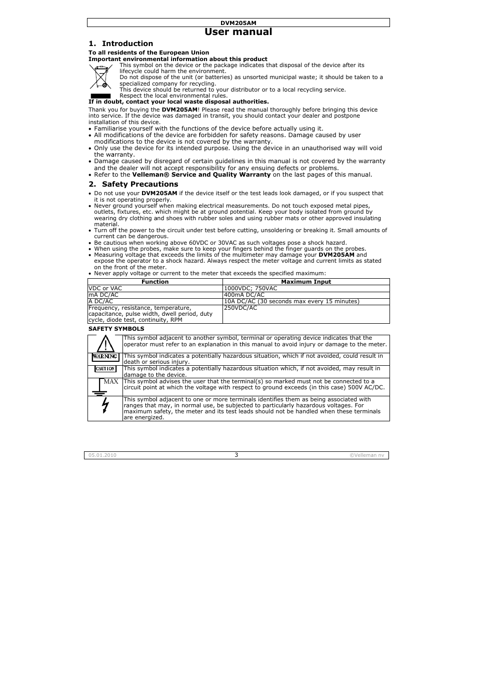 User m, Anual | Velleman DVM205AM User Manual | Page 3 / 36