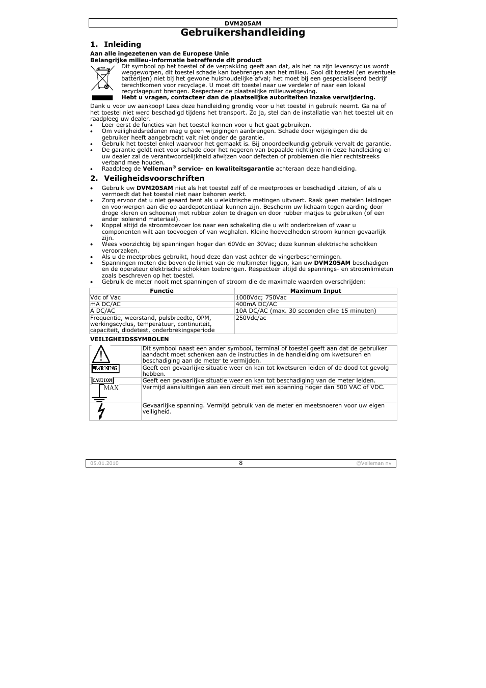 Gebr, Ruikersh, Andleidi | Velleman DVM205AM User Manual | Page 8 / 36