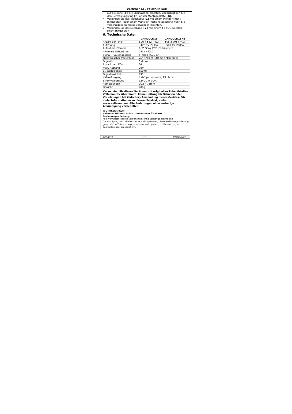 Velleman CAMCOLD16 User Manual | Page 17 / 22