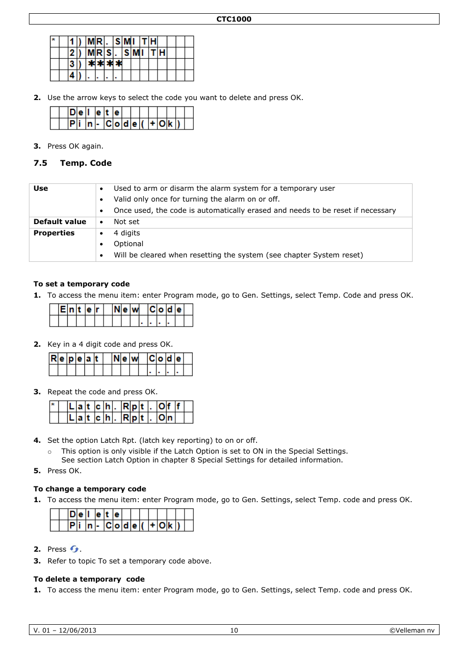 5 temp. code, To set a temporary code, To change a temporary code | To delete a temporary code | Velleman CTC1000 User Manual | Page 10 / 223