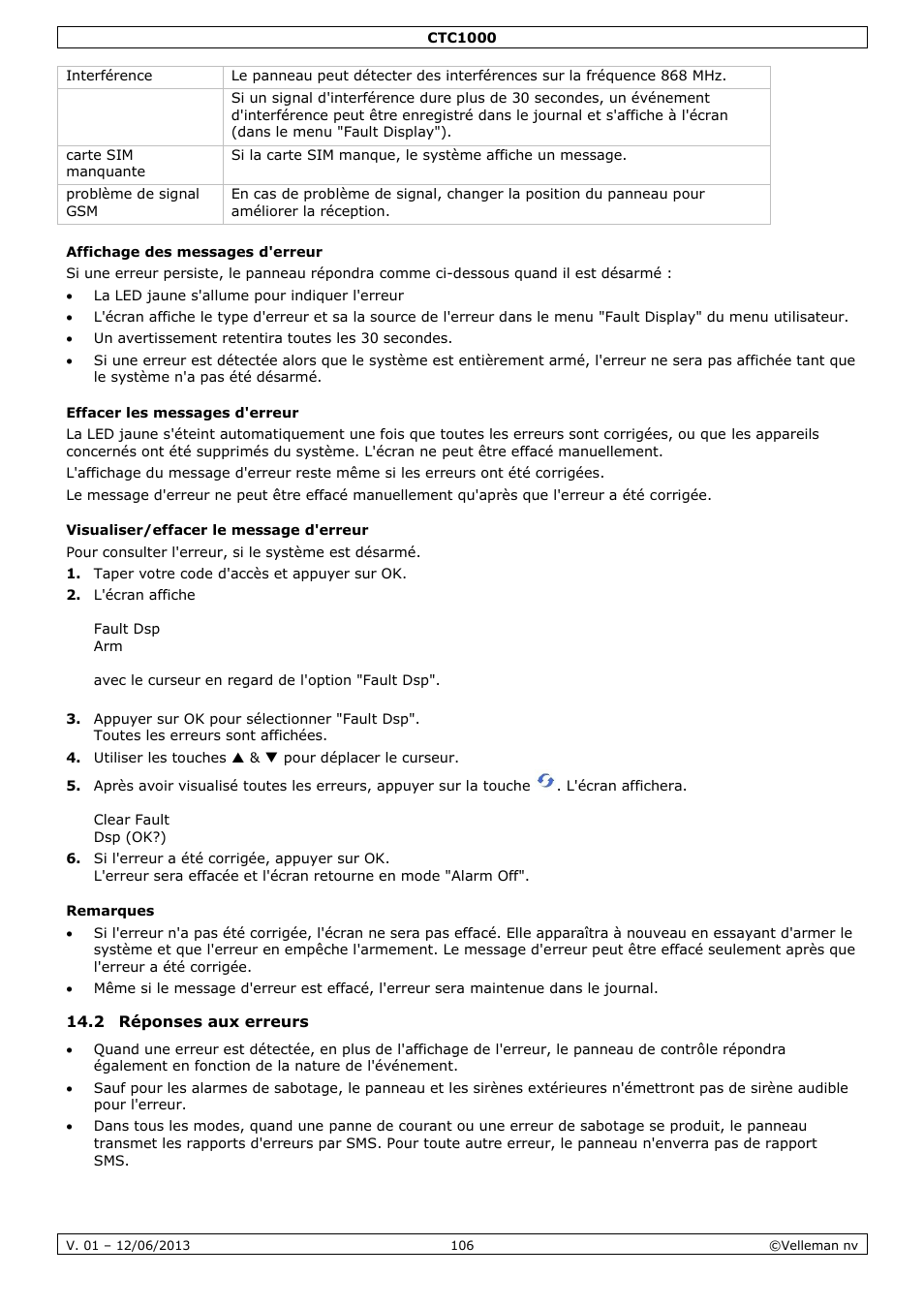 Affichage des messages d'erreur, Effacer les messages d'erreur, Visualiser/effacer le message d'erreur | Remarques, 2 réponses aux erreurs | Velleman CTC1000 User Manual | Page 106 / 223