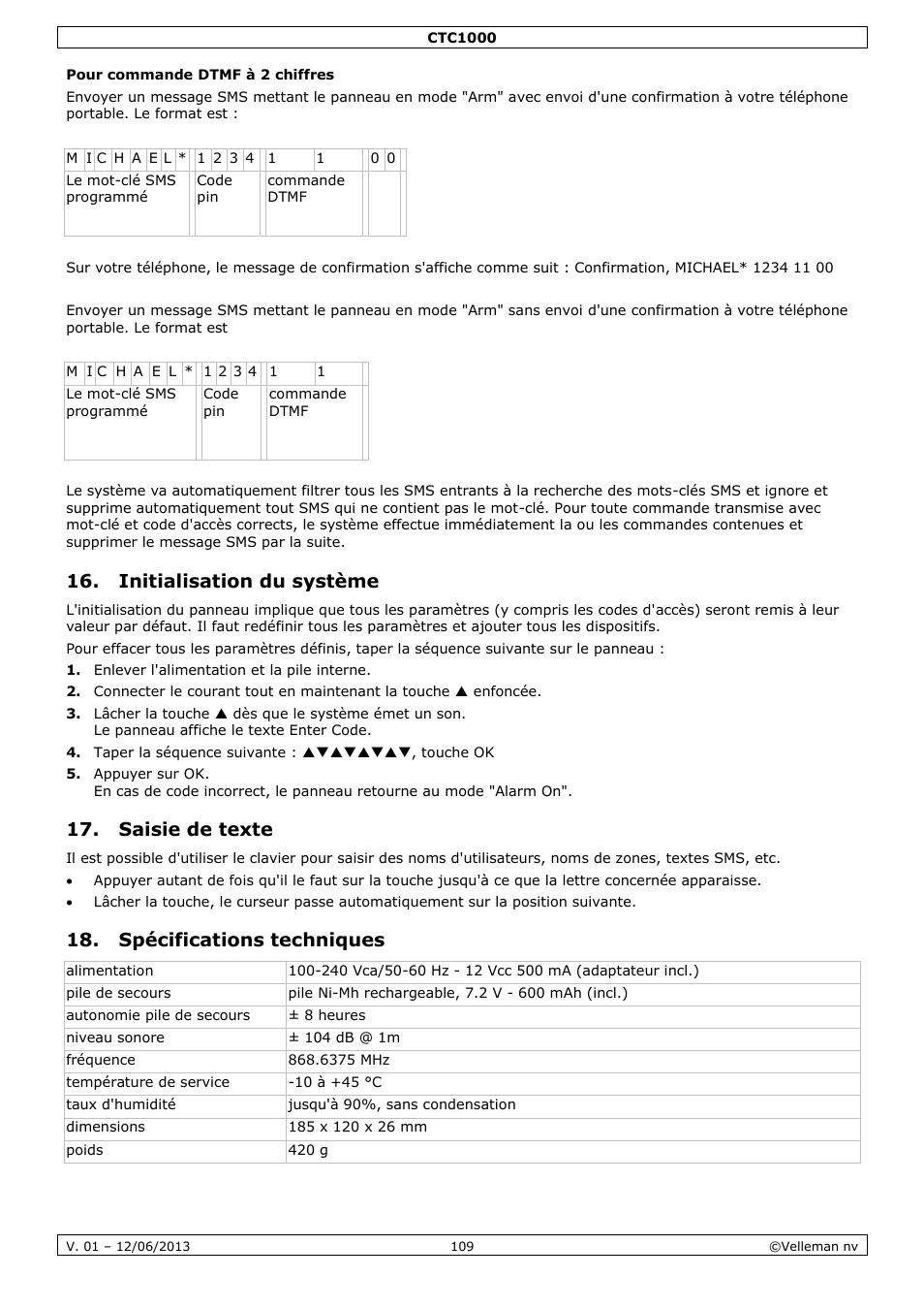 Pour commande dtmf à 2 chiffres, Initialisation du système, Saisie de texte | Spécifications techniques | Velleman CTC1000 User Manual | Page 109 / 223