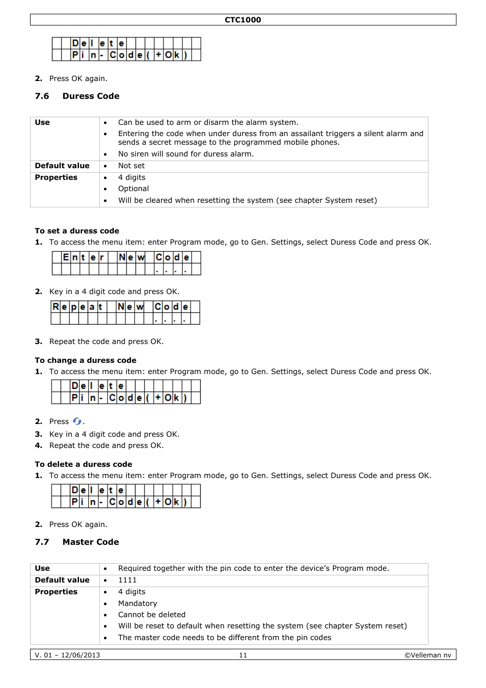 6 duress code, To set a duress code, To change a duress code | To delete a duress code, 7 master code | Velleman CTC1000 User Manual | Page 11 / 223