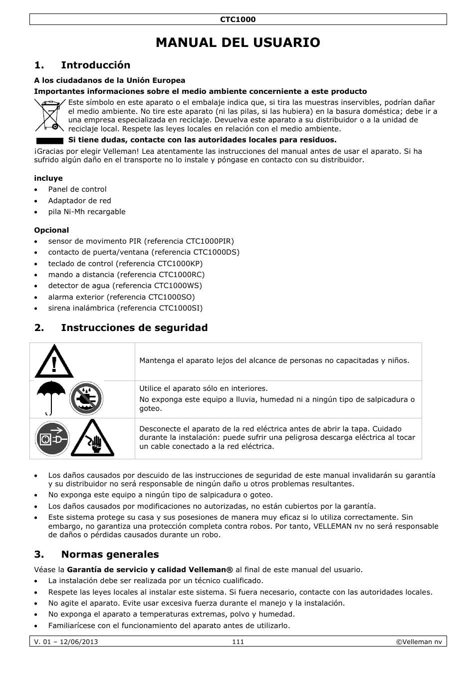 Manual del usuario, Introducción, Incluye | Opcional, Instrucciones de seguridad, Normas generales | Velleman CTC1000 User Manual | Page 111 / 223